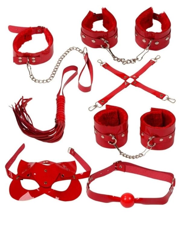 7 Parça Fetis Esaret Seti Kırmızı Kedi Maskeli – Ayarlanabilir BDSM Aksesuarı | 724Haz