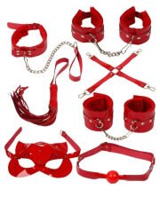 7 Parça Fetis Esaret Seti Kırmızı Kedi Maskeli – Ayarlanabilir BDSM Aksesuarı | 724Haz