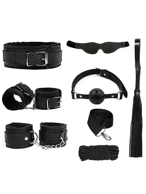 7’li Fetış Set | BDSM Kırmızı & Siyah, Maske, Kırbaç, Bantlar ve Şık Aksesuarlar