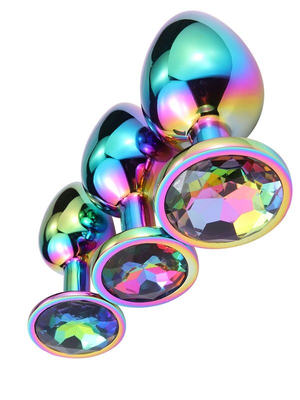 Çok Renkli Taşlı Çelik Anal Plug Set - 3 Boyutta Başlangıçtan İleri Seviyeye