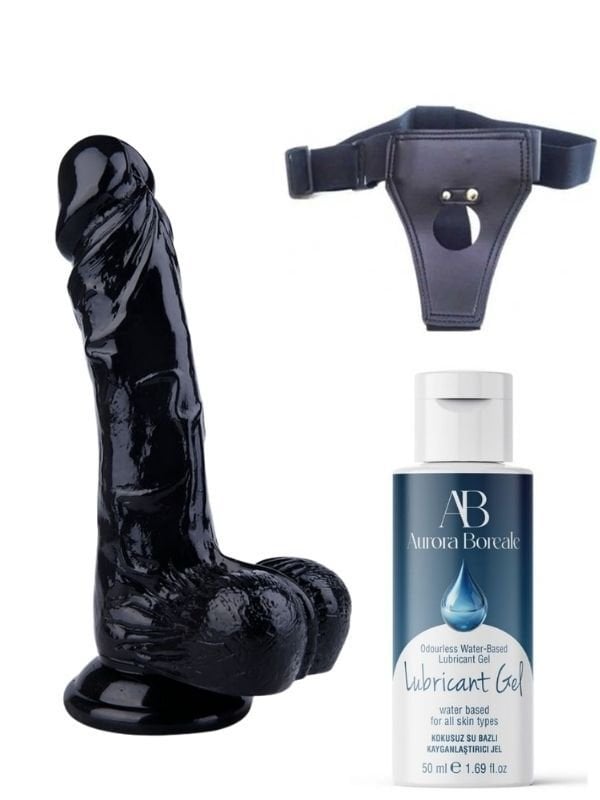 Belden Bağlamalı Kayganlaştırıcı Set | Noctis 22.5 cm Siyah Dildo | 724Haz