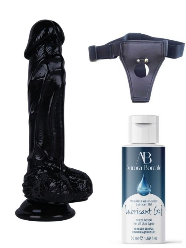 Belden Bağlamalı Kayganlaştırıcı Set Noctis 21cm Siyah Dildo No:64 | Gerçekçi Siyah Strap-On ve Kayganlaştırıcı Set