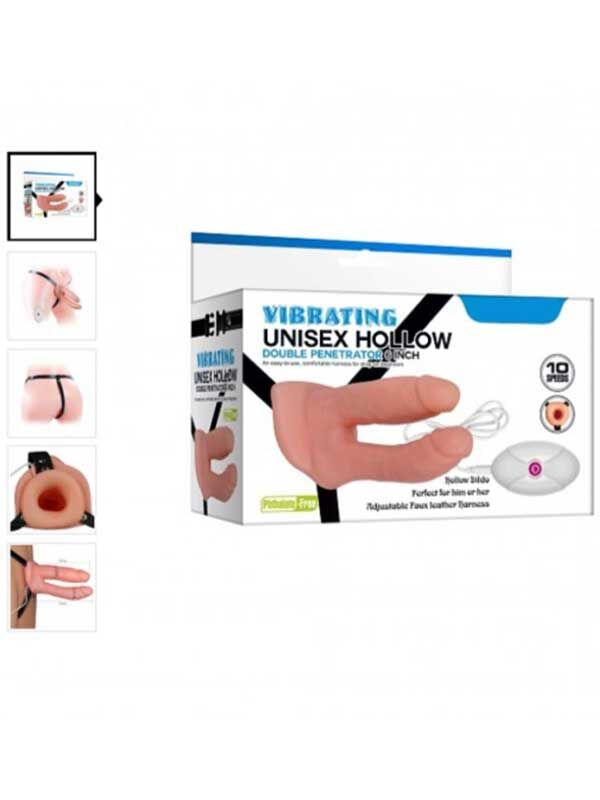 Unisex Çift Taraflı 15.2cm İçi Boş Belden Bağlamalı Titreşimli Protez Penis