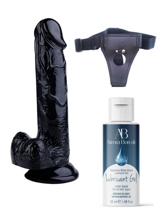 Belden Bağlamalı Kayganlaştırıcı Set Noctis 20cm Siyah Dildo No:17 | Strap-On, Gerçekçi Dildo ve Kaydırmaz Set