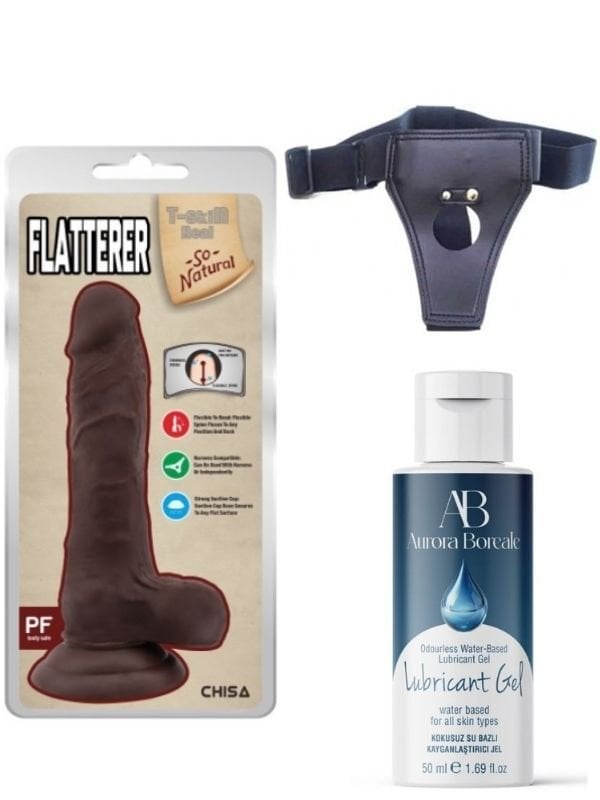 Belden Bağlamalı Kayganlaştırıcı Set Flatterer Kıkırdaklı Gerçekçi Dildo 18.6cm Zenci | Strap-On, Gerçekçi, Kaydırmaz Set