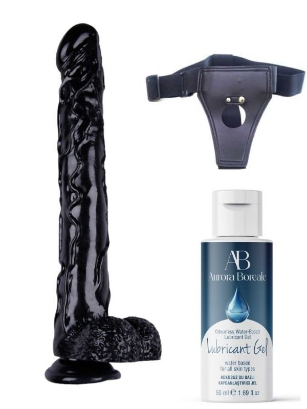 724Haz Belden Bağlamalı Kayganlaştırıcı Set | Noctis 42 cm Siyah Dildo No:44 | Dev Boy Gerçekçi Dildo Seti