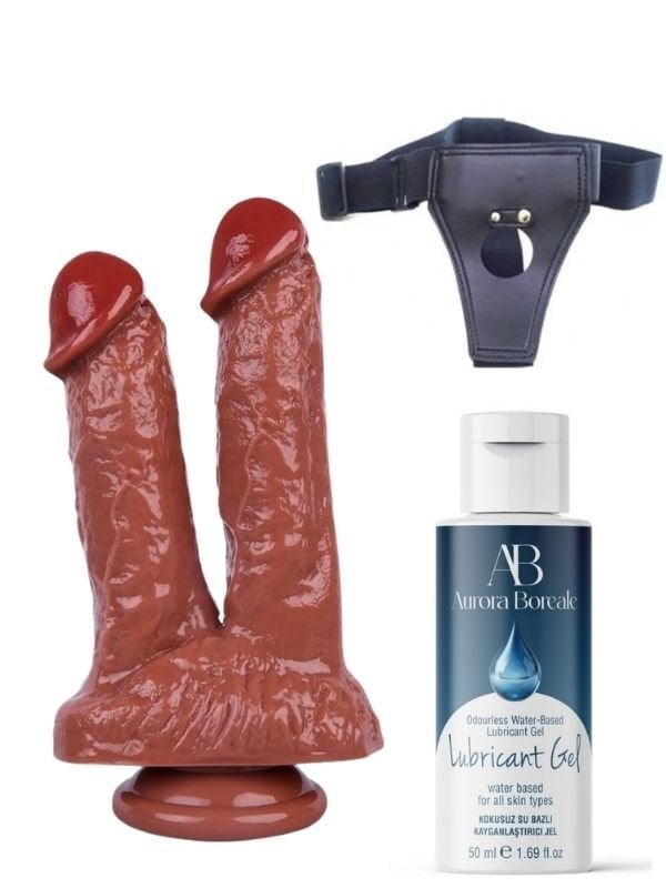 Censan Belden Bağlamalı Kayganlaştırıcı Set Noctis 21cm Kahverengi Çiftli Dildo No:61