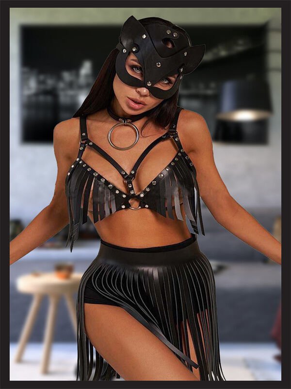 Siyah Deri Aksesuarlı Fantezi Set