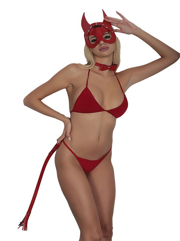 Kırmızı Maskeli Deri 3'lü Harness Set Takım + İç Çamaşır Takımı