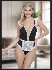 Siyah Dantel Detaylı Seksi Fantezi Hizmetçi Kostümü