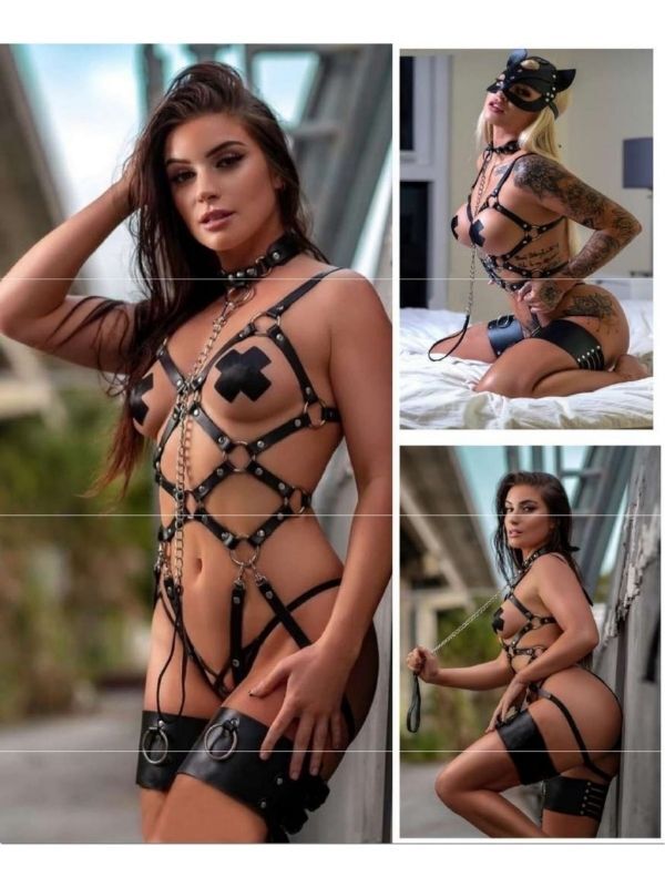 Siyah Boyunluk ve Tasma Detaylı Özel Bacak Tasarımlı Seksi Bodysuit