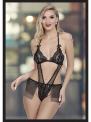 Kadın Siyah Seksi Fantezi Özel Tasarım Etekli Fantezi Babydoll