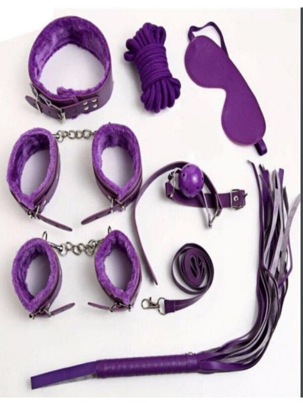 7 Parça Fetiş Esaret Seti Siyah Mor | BDSM Başlangıç Bondage Seti