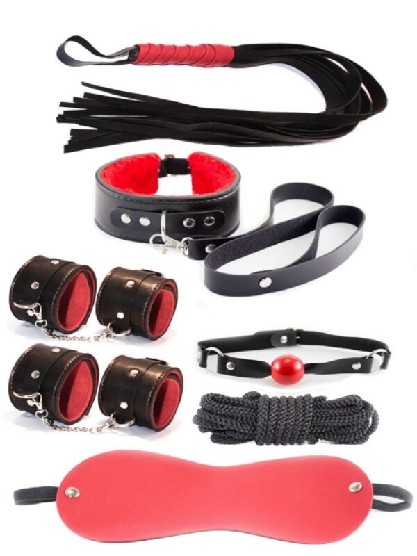7 Parça Fetiş Esaret Seti Siyah Kırmızı | Deri Görünümlü BDSM Set