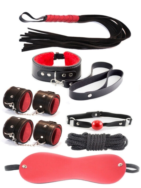 7 Parça Fetiş Esaret Seti Siyah Kırmızı | Deri Görünümlü BDSM Set