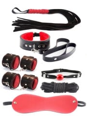 7 Parça Fetiş Esaret Seti Siyah Kırmızı | Deri Görünümlü BDSM Set