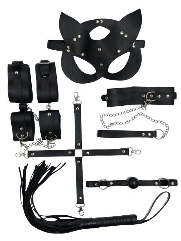 7 Parça Fetis Esaret Seti Siyah Kedi Maskeli – Ayarlanabilir Deri BDSM Aksesuarı | 724Haz