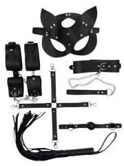 7 Parça Fetis Esaret Seti Siyah Kedi Maskeli – Ayarlanabilir Deri BDSM Aksesuarı | 724Haz