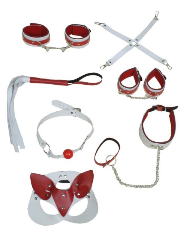 7 Parça Fetis Esaret Seti Kırmızı Beyaz Kedi Maskeli – Ayarlanabilir BDSM Aksesuarı | 724Haz