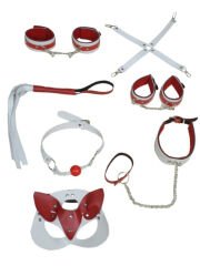 7 Parça Fetis Esaret Seti Kırmızı Beyaz Kedi Maskeli – Ayarlanabilir BDSM Aksesuarı | 724Haz